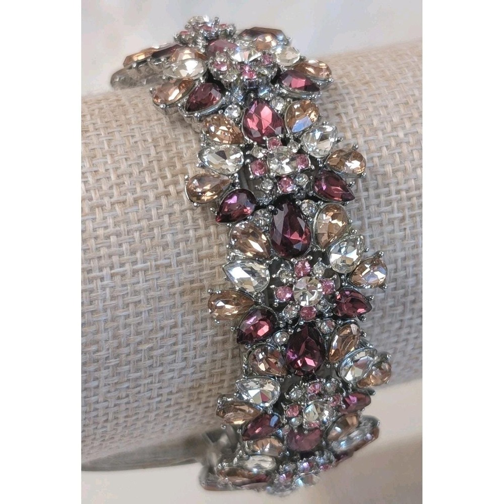 Charter Club Rhinestone Statement Bracelet Pink Crystal Wide Stretch‎ Cuff